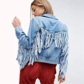 Jean Jacket With Fringed Sleeves Faded Denim Front Pockets Destroyed Fringe Boho Festival Concert Coat Available In Medium Or Large