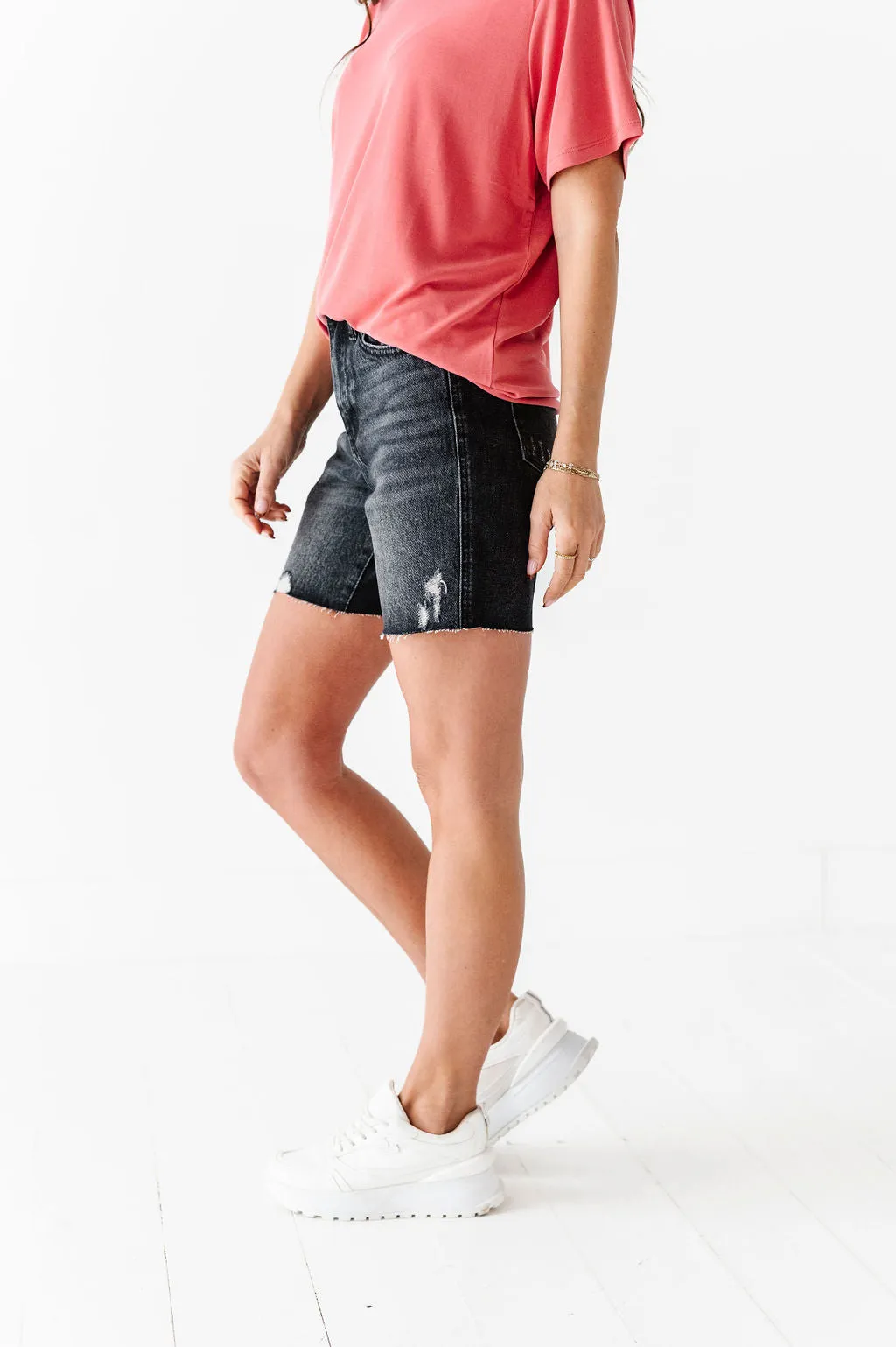 Jordi High Waisted Raw Hem Denim Shorts In Black