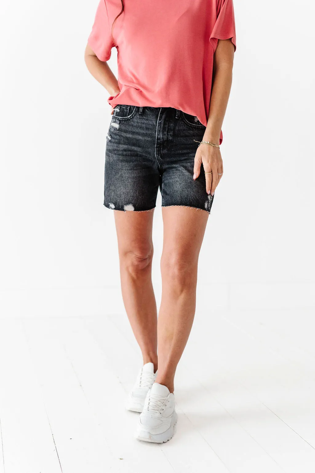 Jordi High Waisted Raw Hem Denim Shorts In Black