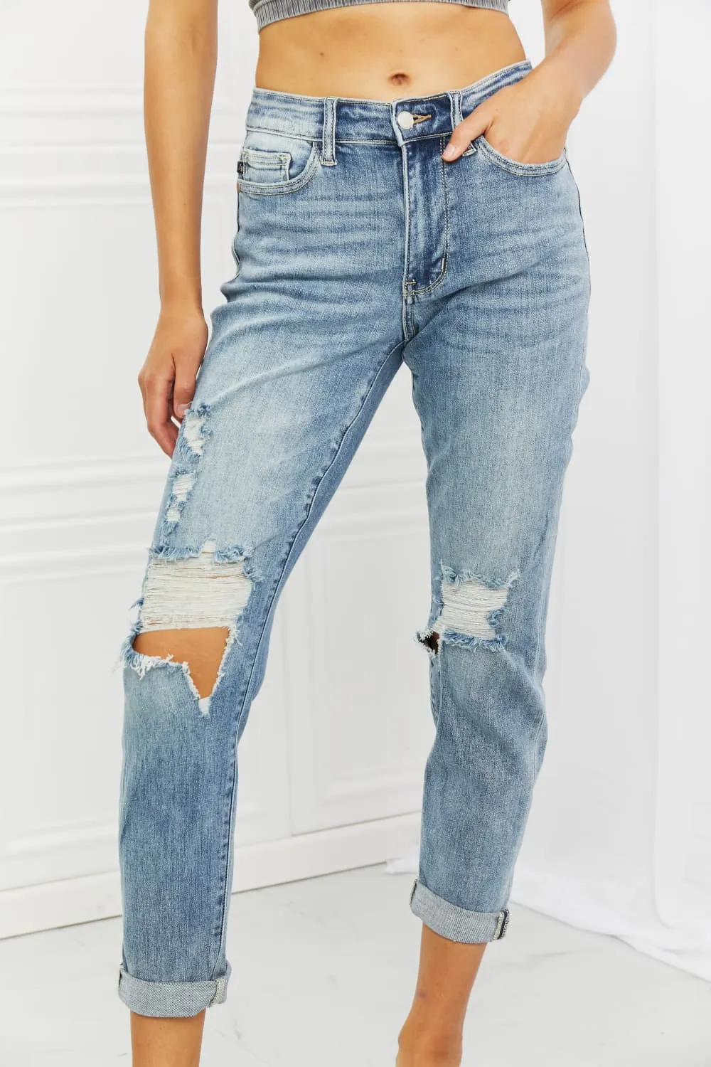 Judy Blue, Mid-Rise Ripped Double Cuff Boyfriend Jeans, 82458