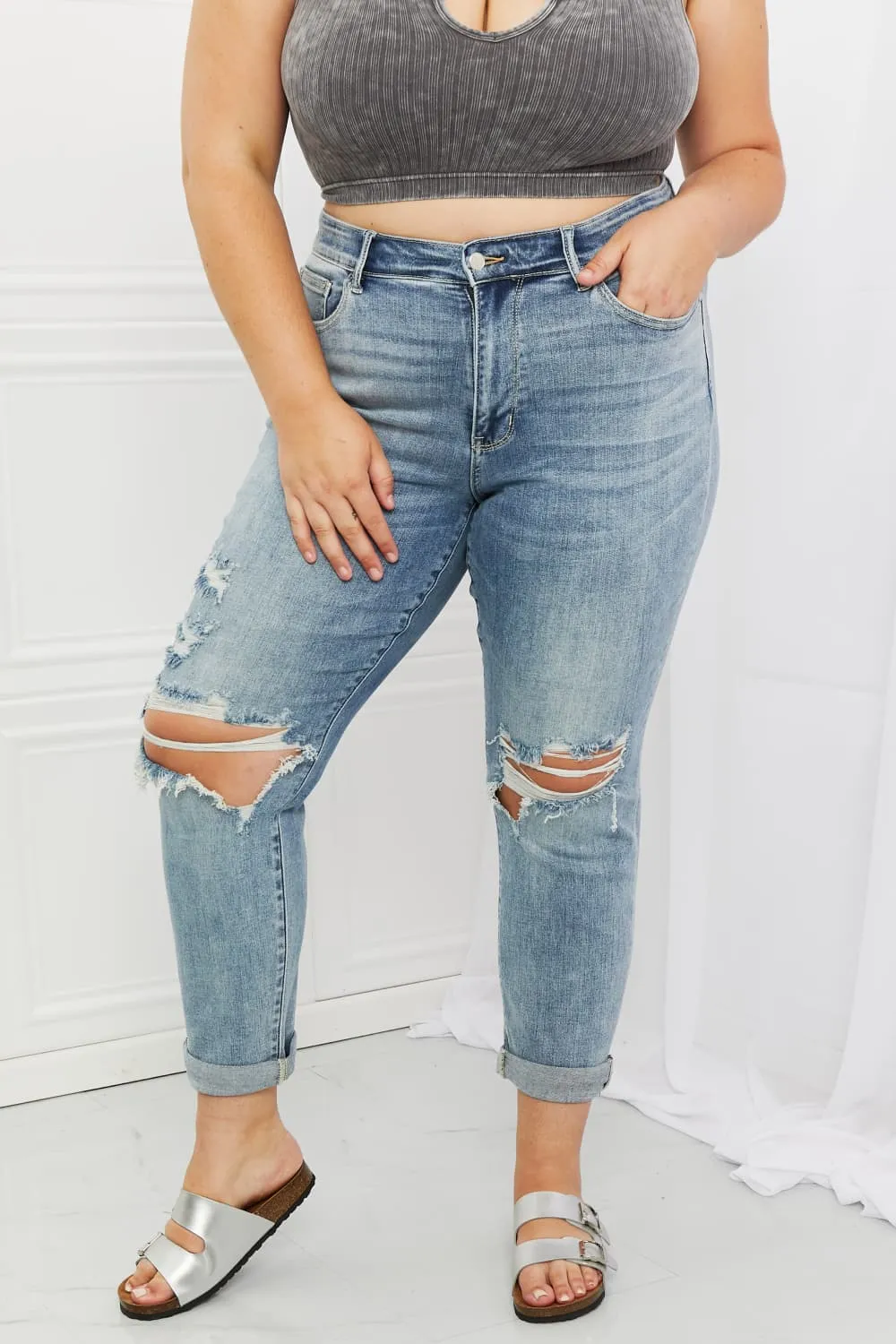 Judy Blue, Mid-Rise Ripped Double Cuff Boyfriend Jeans, 82458