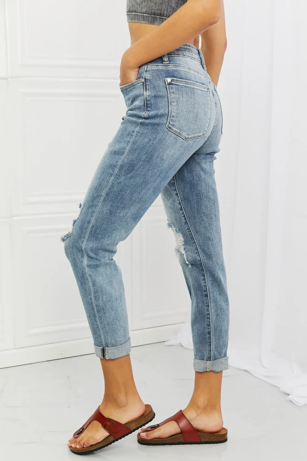 Judy Blue, Mid-Rise Ripped Double Cuff Boyfriend Jeans, 82458