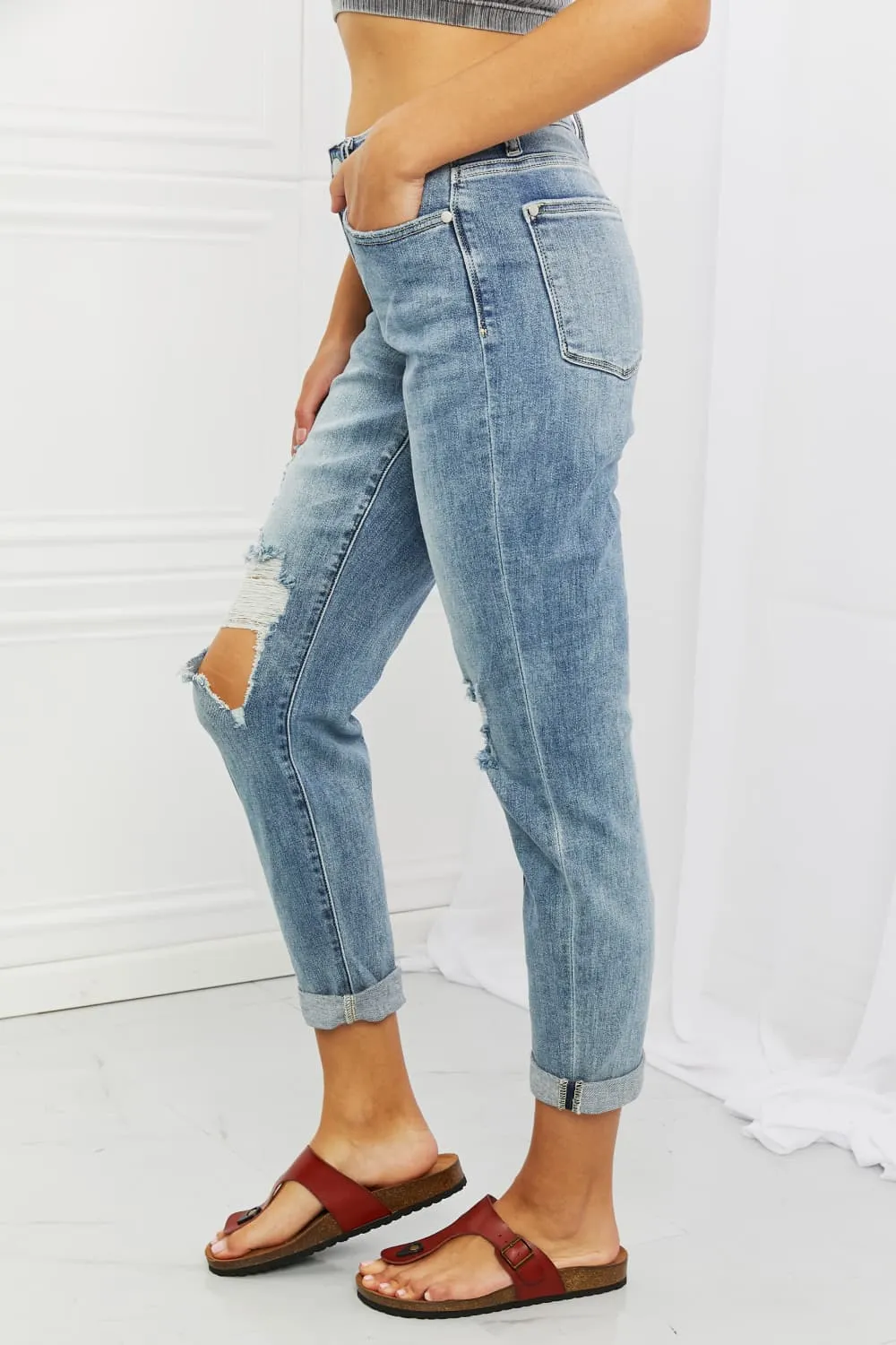 Judy Blue, Mid-Rise Ripped Double Cuff Boyfriend Jeans, 82458