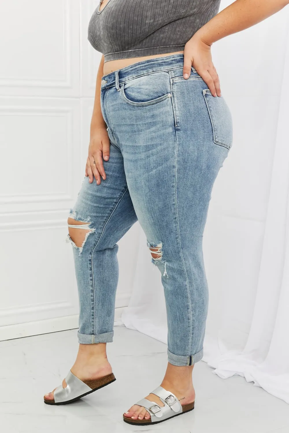 Judy Blue, Mid-Rise Ripped Double Cuff Boyfriend Jeans, 82458