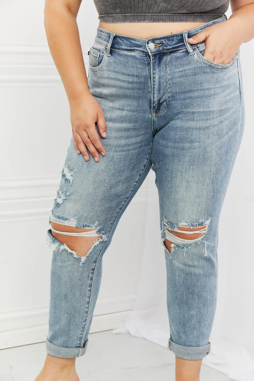 Judy Blue, Mid-Rise Ripped Double Cuff Boyfriend Jeans, 82458