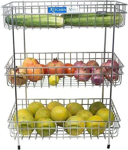 Kitchen Mart Fruit & Vegetable Trolley with / without Wheels, Rectangle, 3-Tier, Stainless Steel (Multipurpose Kitchen Storage Rack / Shelf)