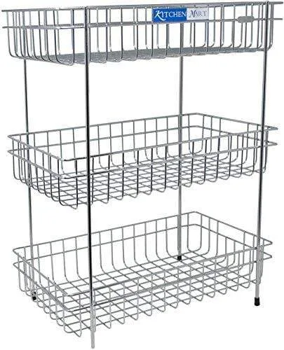 Kitchen Mart Fruit & Vegetable Trolley with / without Wheels, Rectangle, 3-Tier, Stainless Steel (Multipurpose Kitchen Storage Rack / Shelf)