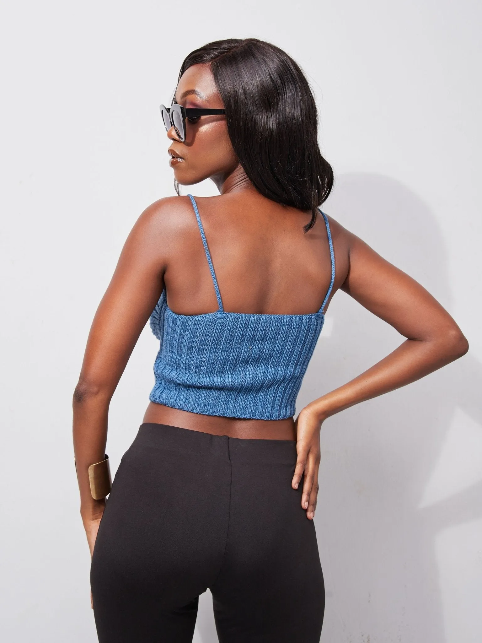 Lola Knit Double Strap Halter Neck Crop Top - Cobalt Blue