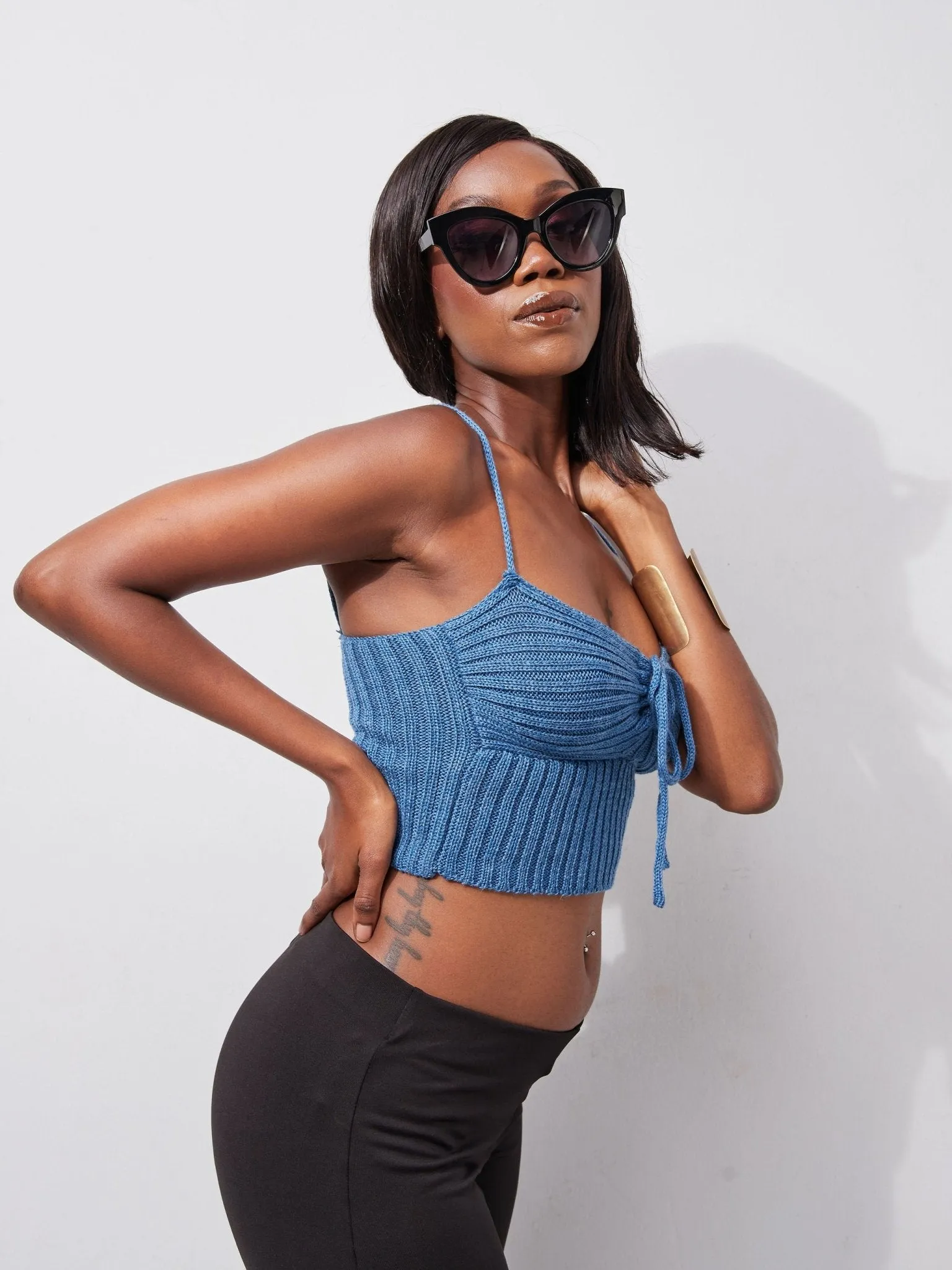 Lola Knit Double Strap Halter Neck Crop Top - Cobalt Blue