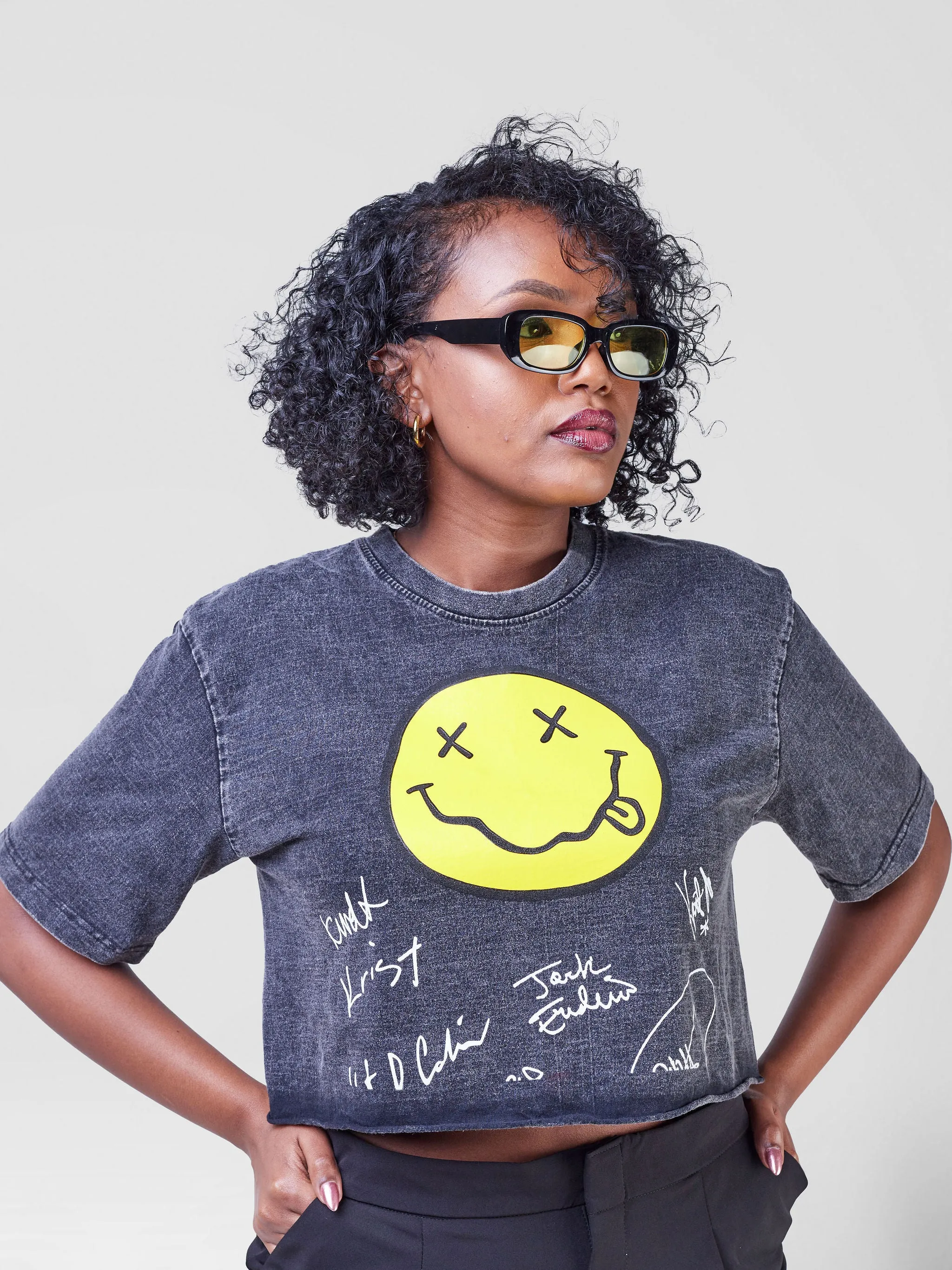 Lola Nirvana Smiley Graphic Tee - Black Acid Wash