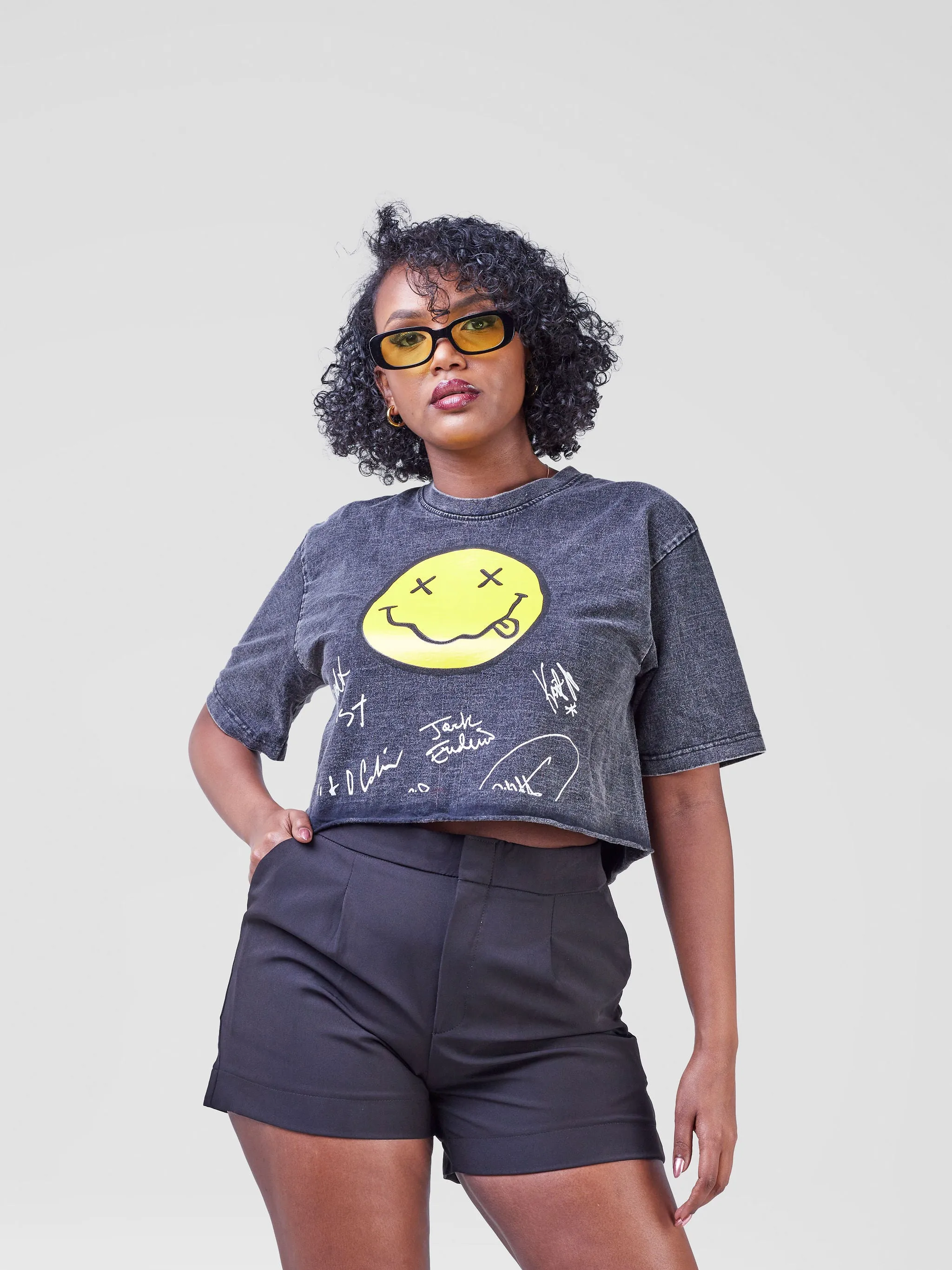 Lola Nirvana Smiley Graphic Tee - Black Acid Wash