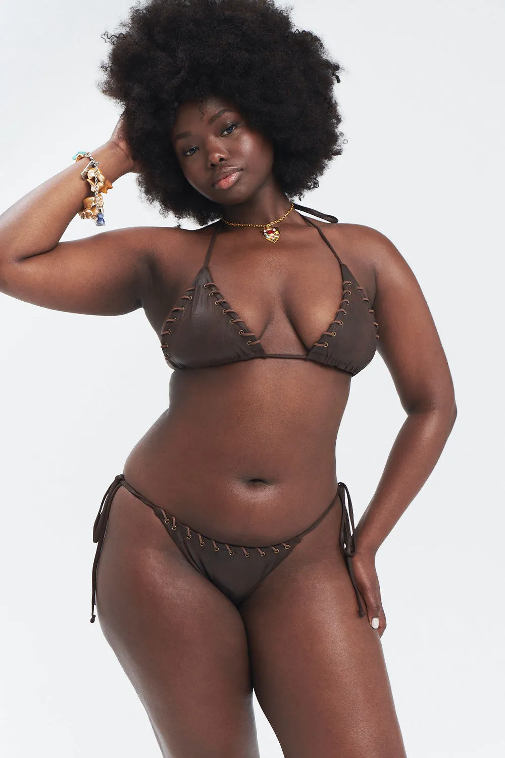 Mackenzie Leather Look String Bikini Bottom - Cocoa