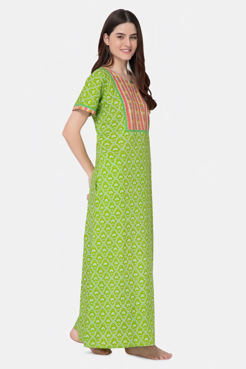 Naidu Hall Round Neck Half Sleeve Pull-On Nighty - Green - NT17