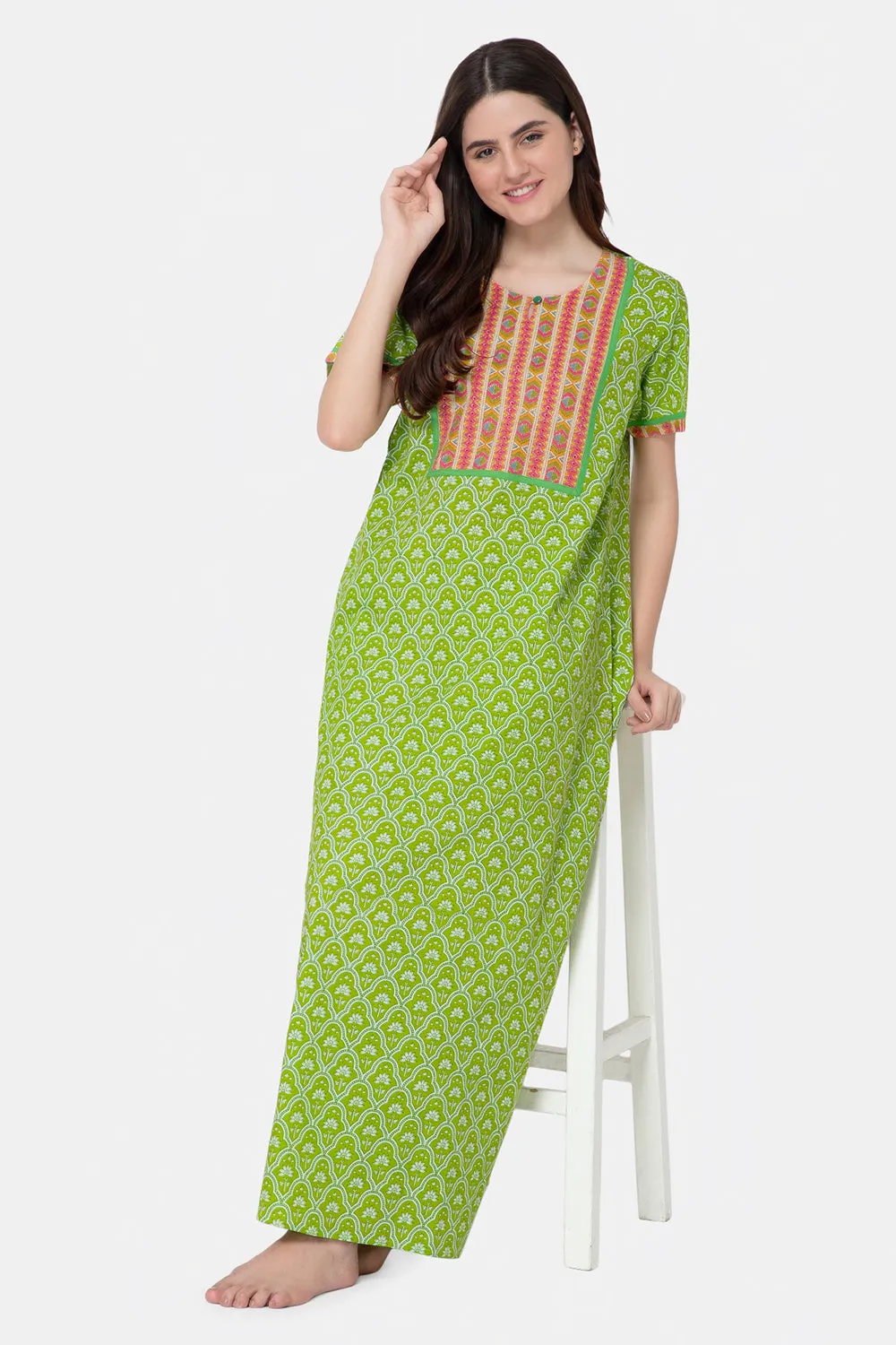 Naidu Hall Round Neck Half Sleeve Pull-On Nighty - Green - NT17