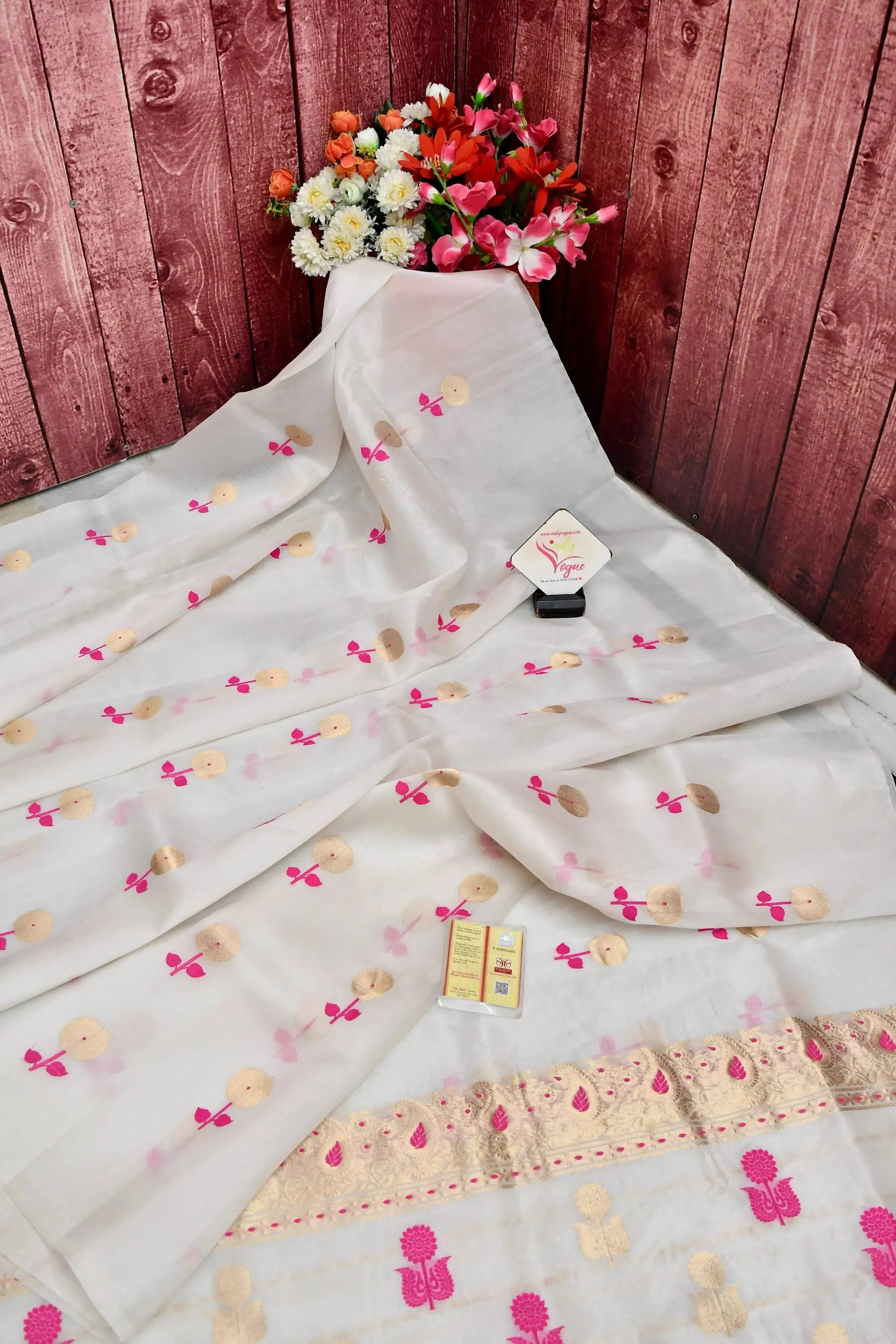 Offwhite Color Kora Organza Banarasi Saree with Golden and Meenakari Work