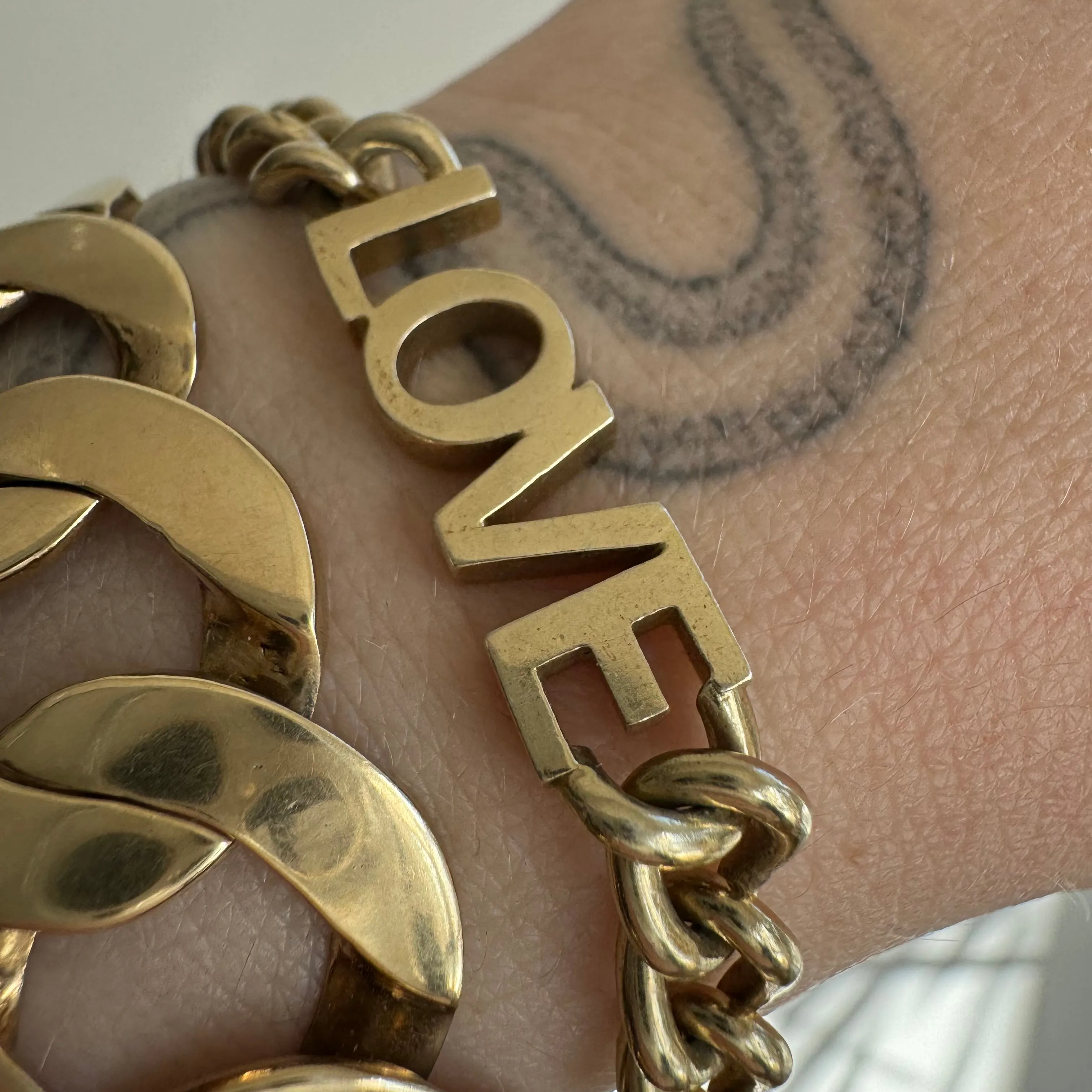 P R E - L O V E D // linked up LOVE / sterling silver and gold vermeil curb link LOVE bracelet / 7, 15g