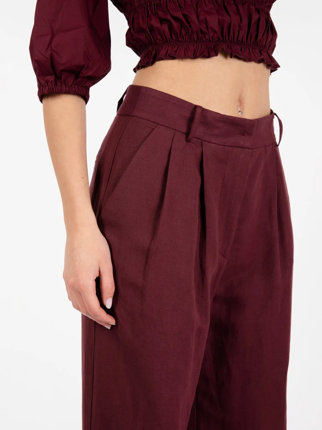 Pantaloni lino a palazzo dark plum