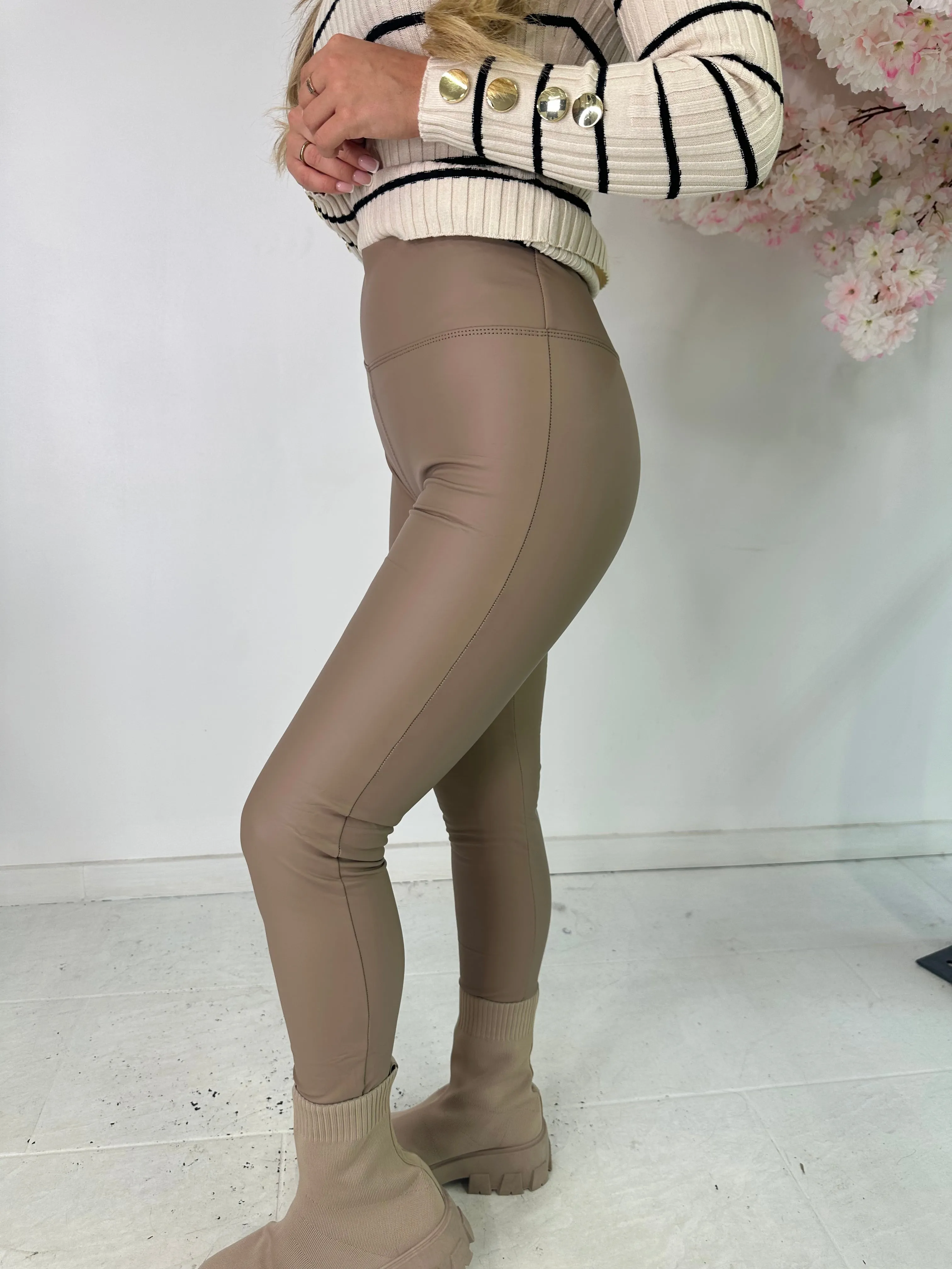 PU Leather Look Leggings - taupe