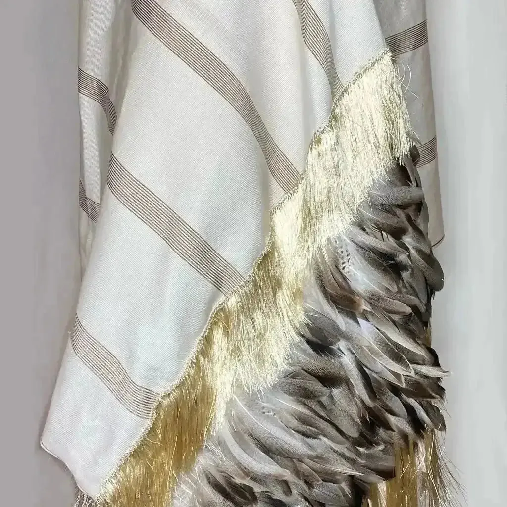 Purepecha rebozo with fringe and feathers