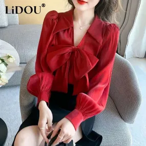 Spring Autumn Women Bow Long Sleeve Blouse M X4430631