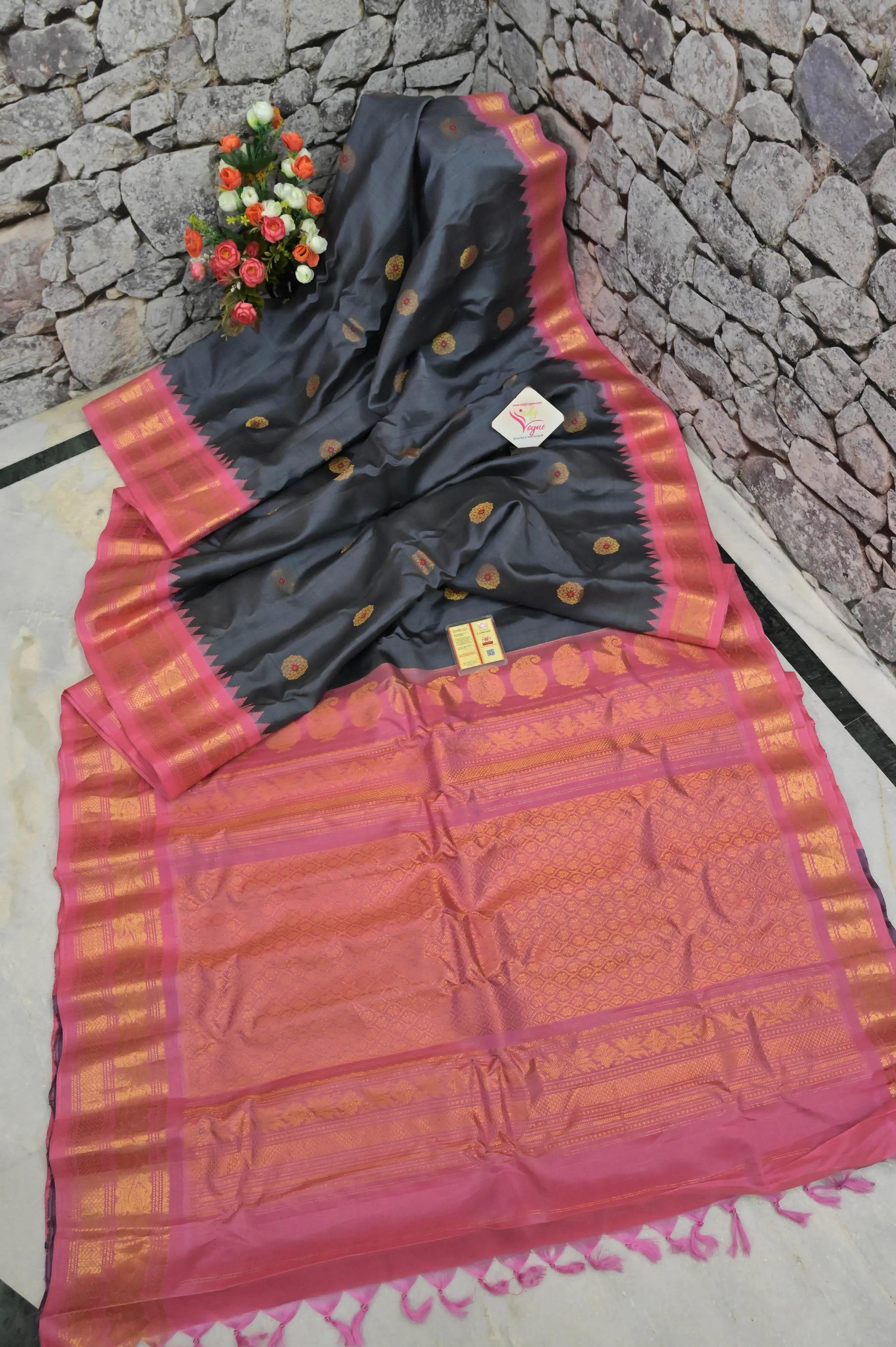 Steel Grey and Pink Color Pure Gadwal Silk Saree with Meenakari Work