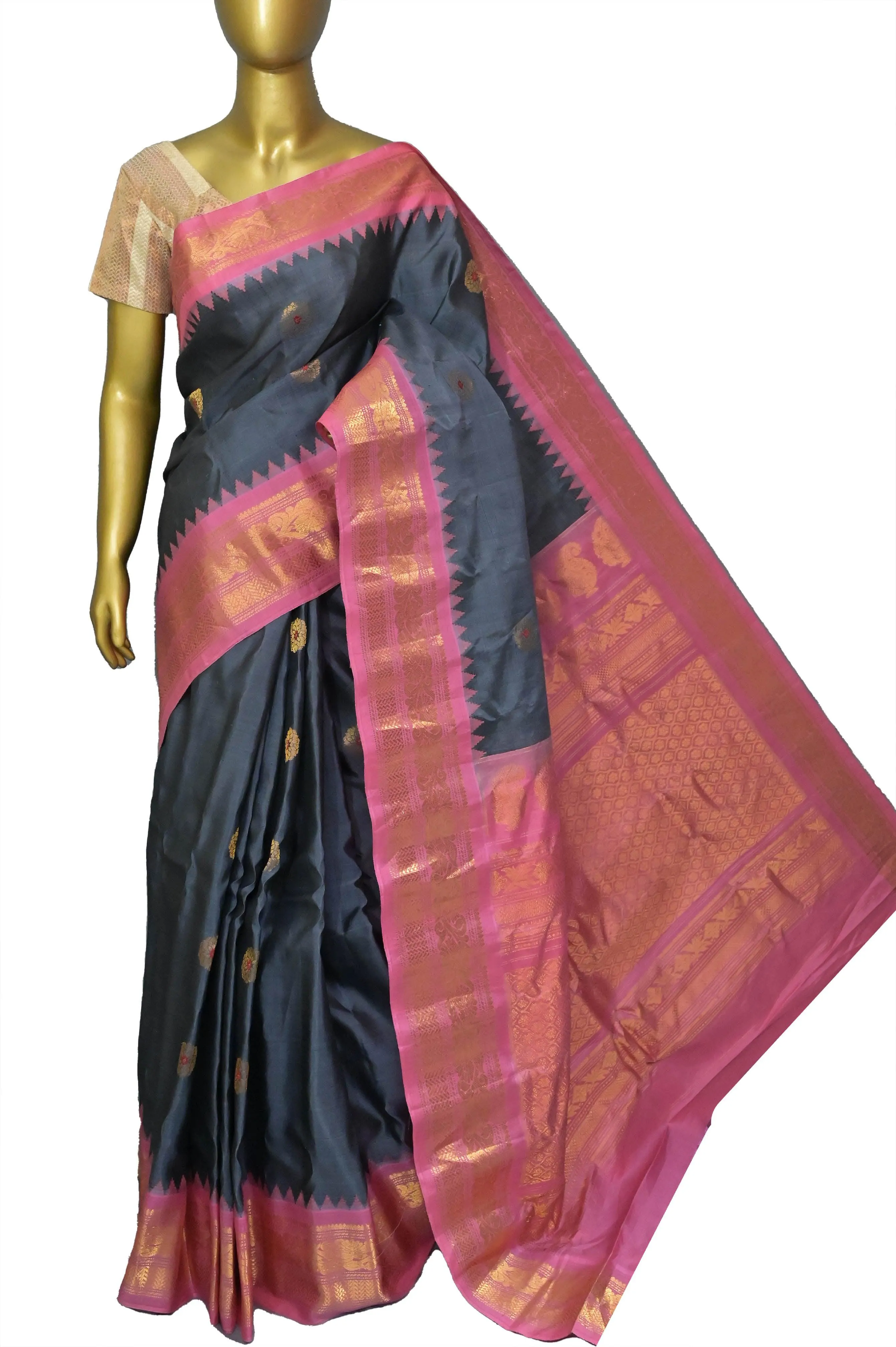 Steel Grey and Pink Color Pure Gadwal Silk Saree with Meenakari Work