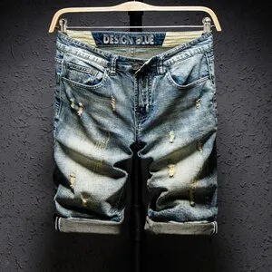 Summer Fashion Brand Design Blue Men Streetwear Ripped Bermuda Jeans Short