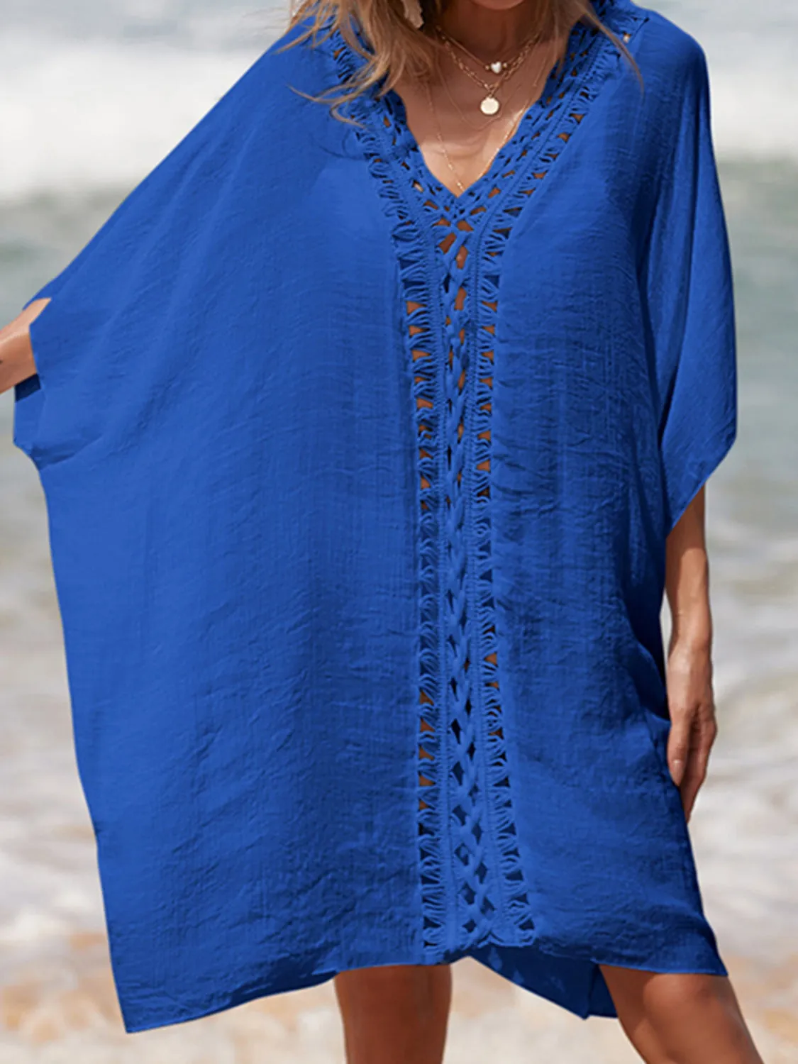 Sunset Vacation  Cutout V-Neck Three-Quarter Sleeve Beach Cover Up