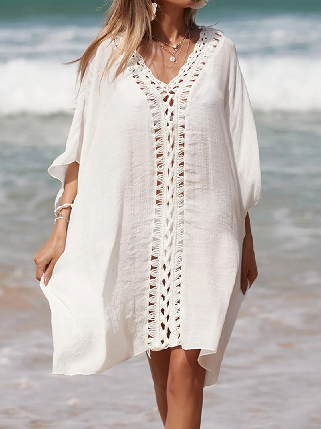 Sunset Vacation  Cutout V-Neck Three-Quarter Sleeve Beach Cover Up