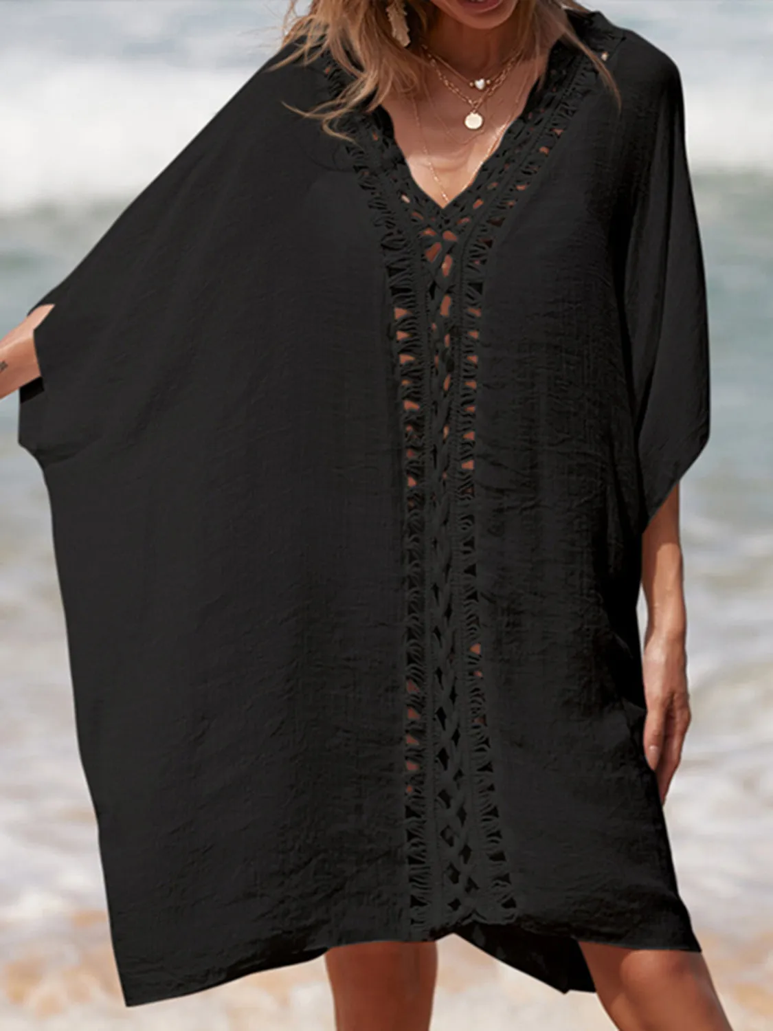 Sunset Vacation  Cutout V-Neck Three-Quarter Sleeve Beach Cover Up