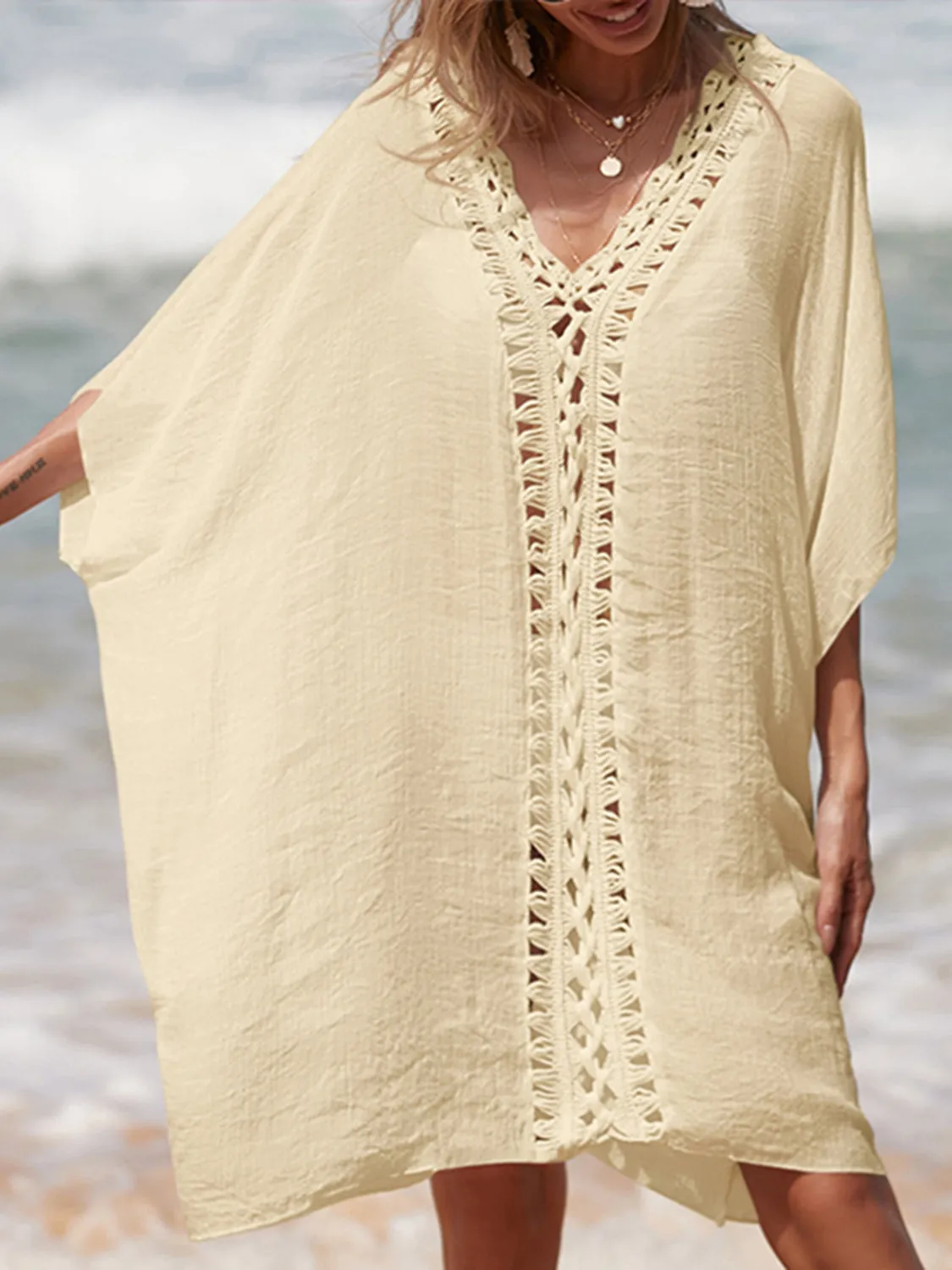 Sunset Vacation  Cutout V-Neck Three-Quarter Sleeve Beach Cover Up