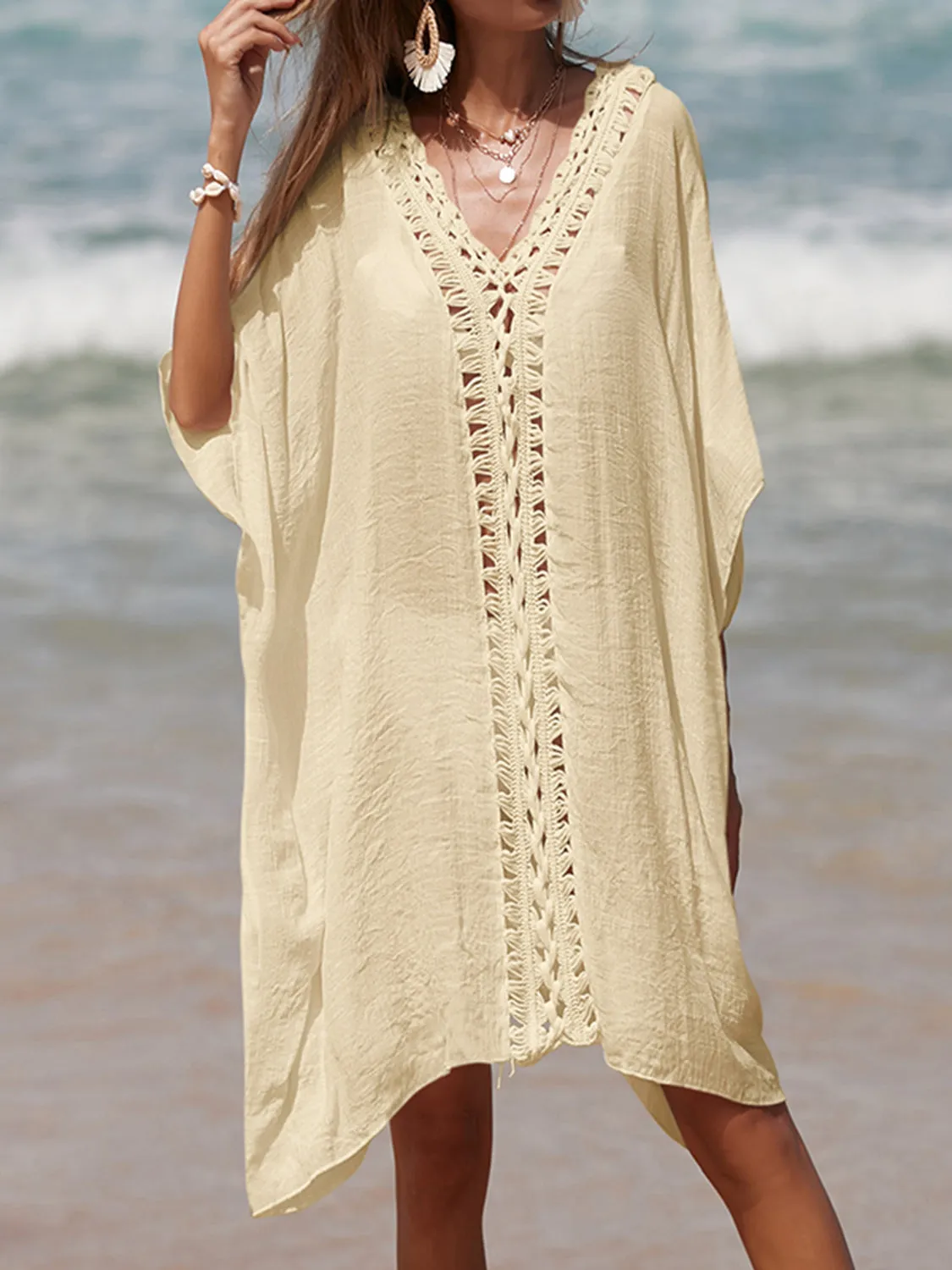 Sunset Vacation  Cutout V-Neck Three-Quarter Sleeve Beach Cover Up