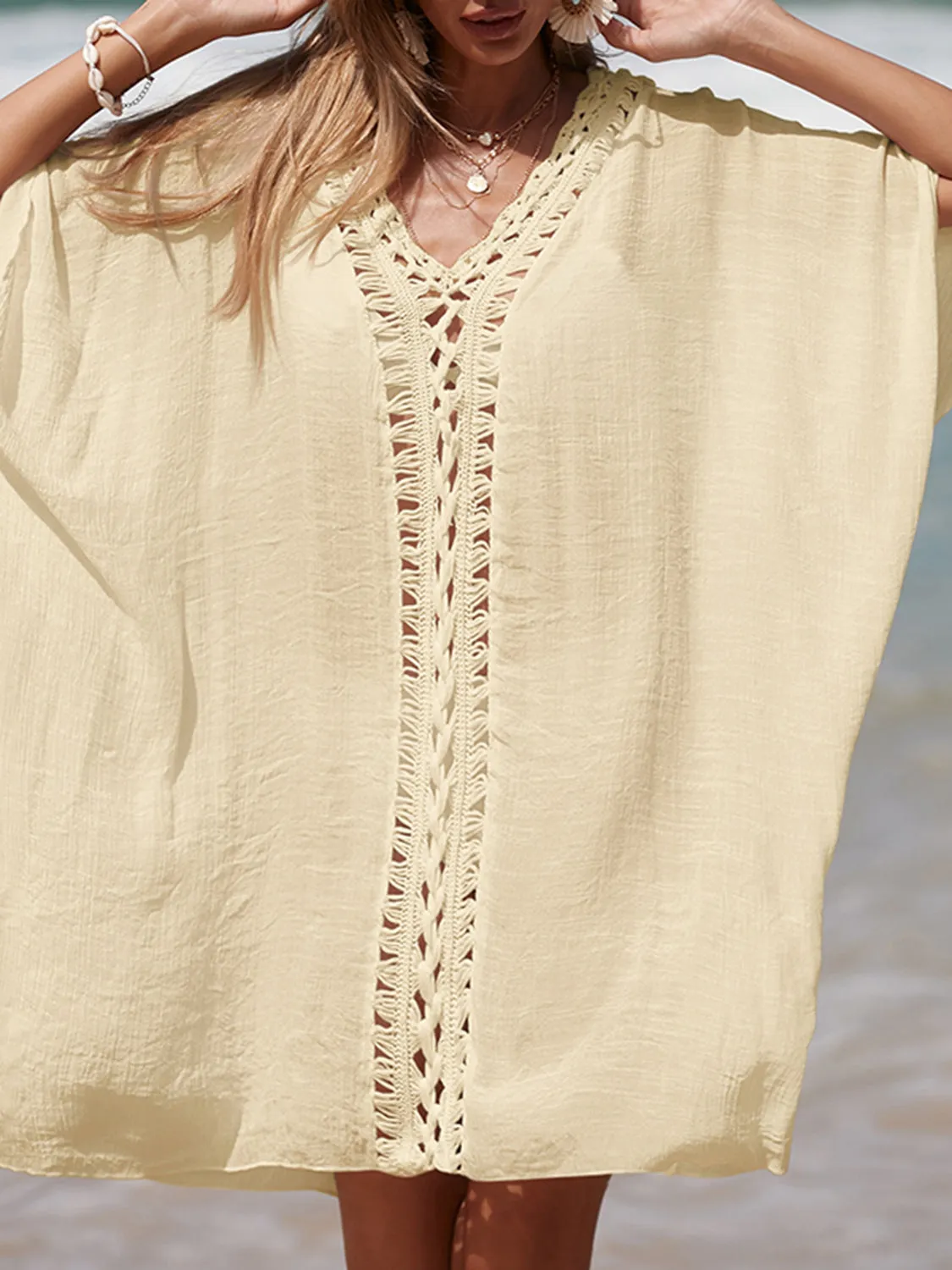 Sunset Vacation  Cutout V-Neck Three-Quarter Sleeve Beach Cover Up