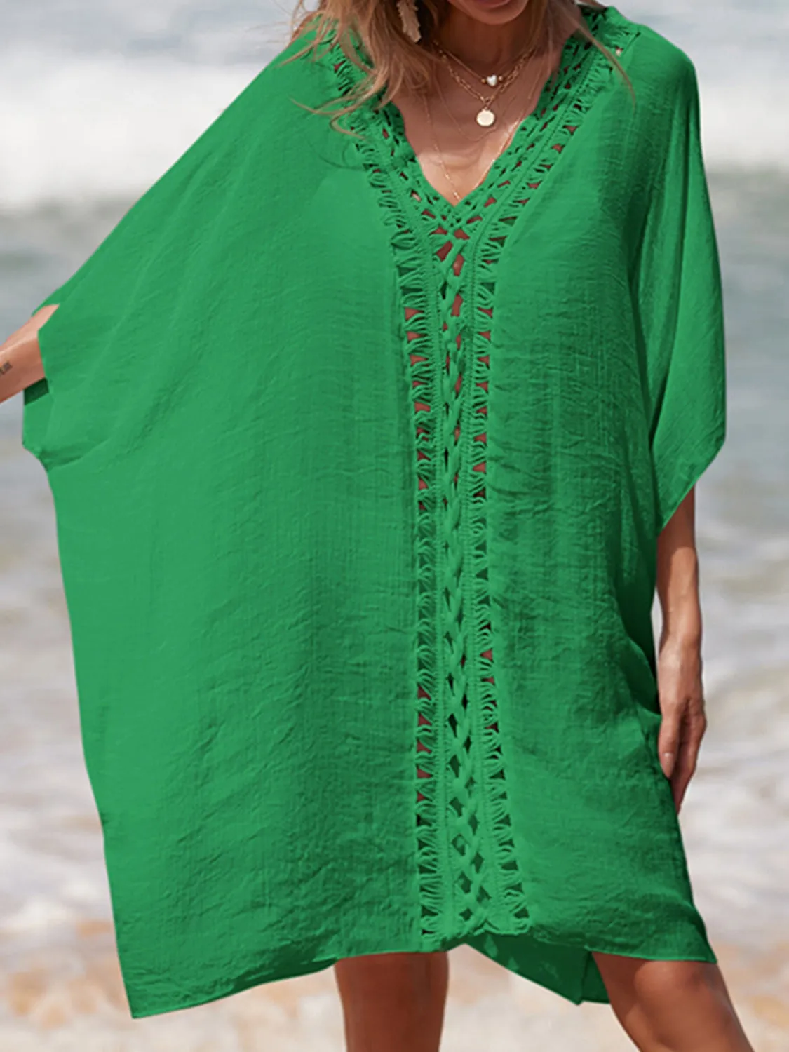 Sunset Vacation  Cutout V-Neck Three-Quarter Sleeve Beach Cover Up