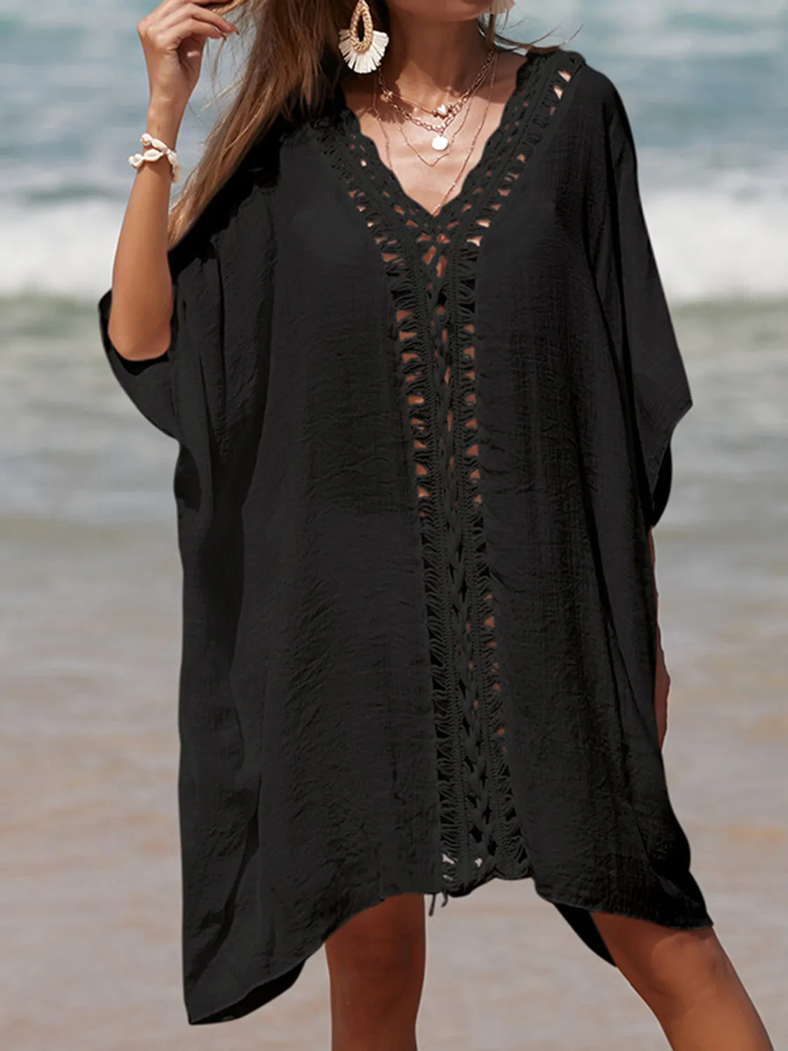 Sunset Vacation  Cutout V-Neck Three-Quarter Sleeve Beach Cover Up