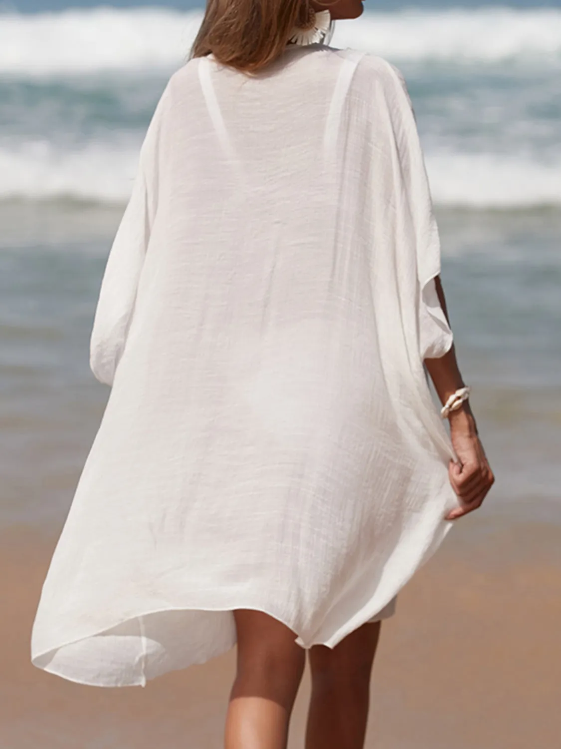 Sunset Vacation  Cutout V-Neck Three-Quarter Sleeve Beach Cover Up