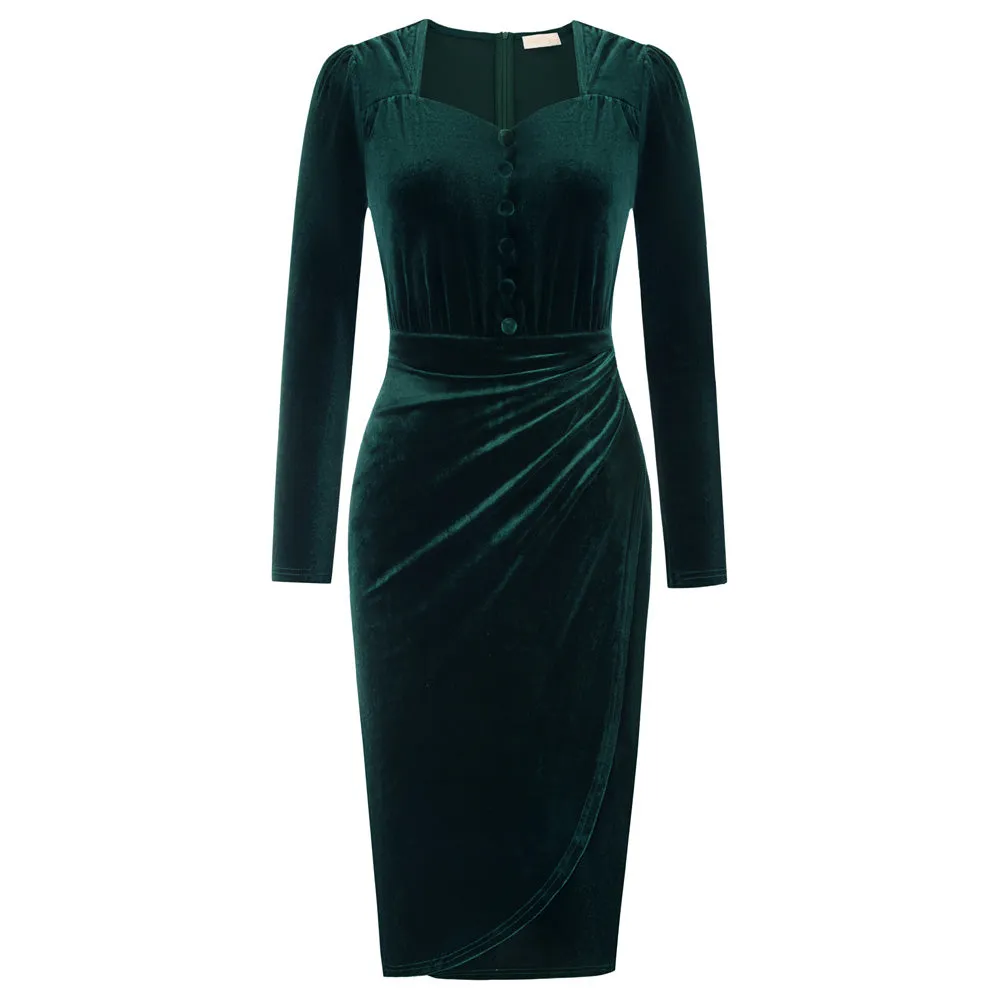 Vintage Fans Look of Velvet Dress Long Sleeve Sweetheart Neck Bodycon Dress