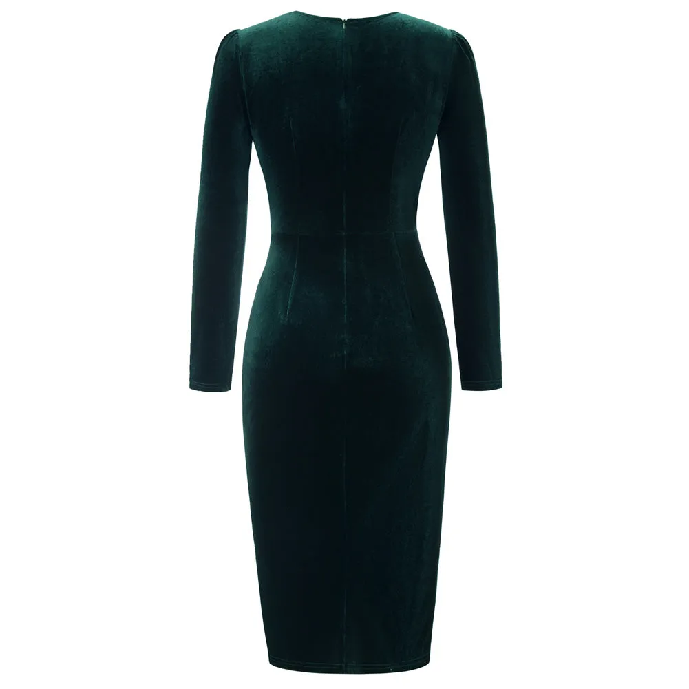 Vintage Fans Look of Velvet Dress Long Sleeve Sweetheart Neck Bodycon Dress