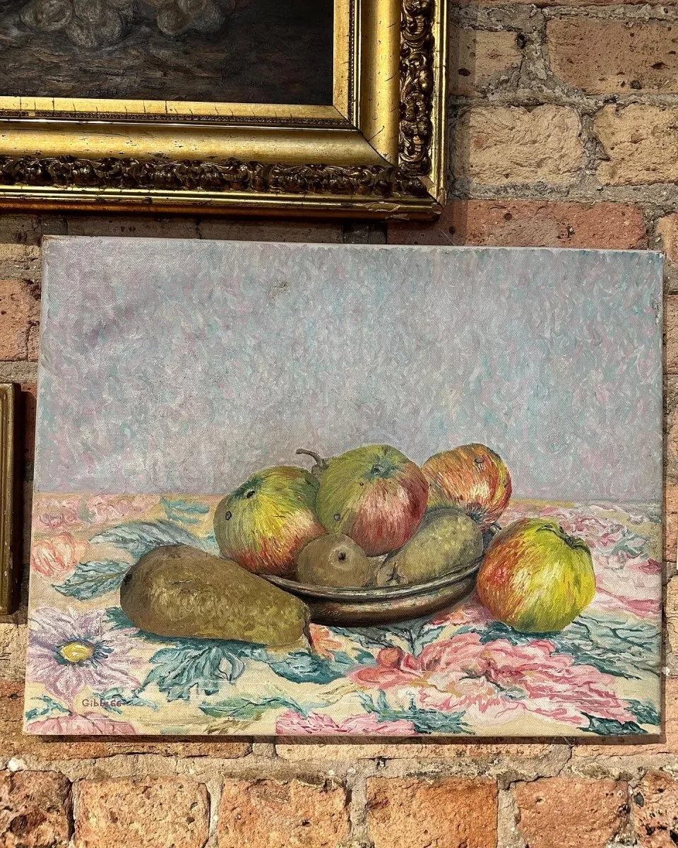  Vintage Still Life of Fruit on Floral Tablecloth 