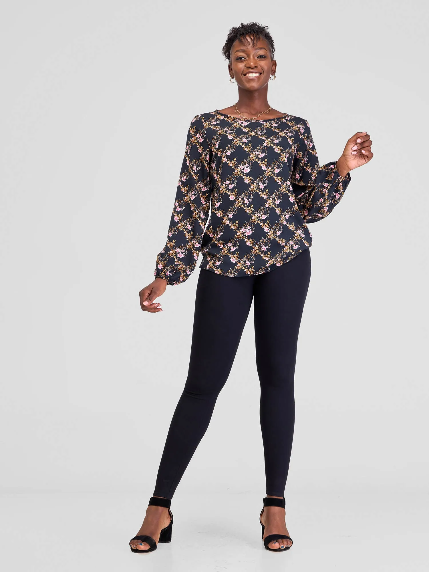 Vivo Basic Long Sleeved Bishop Top - Black Pink Floral Print